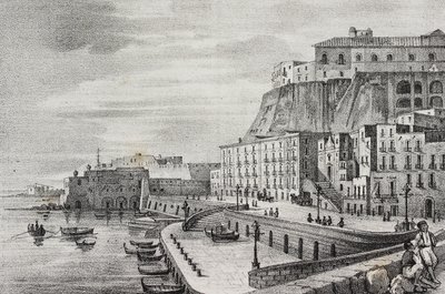 Udsigt over Borgo Santa Lucia, Napoli, Campania, Italien, litografi af Salvatore Puglia fra Poliorama Pittoresco, n 36, 15. april af Salvatore Puglia
