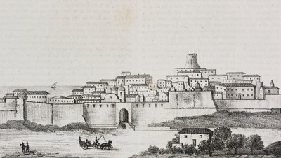 Udsigt over Crotone, Calabrien, Italien, litografi af Salvatore Puglia fra Poliorama Pittoresco, n 12, 26. oktober af Salvatore Puglia
