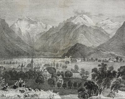 Udsigt over Interlaken, Schweiz, litografi af Salvatore Puglia fra Poliorama Pittoresco, n 36, 16. april af Salvatore Puglia