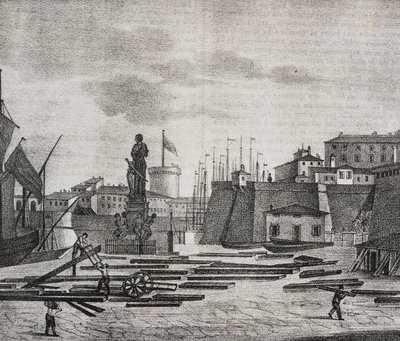 Udsigt over Livorno dock, Toscana, Italien, litografi af Salvatore Puglia fra Poliorama Pittoresco, n 38, 26. april af Salvatore Puglia