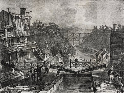 Udsigt over Lockport, i staten New York, USA, litografi af Salvatore Puglia fra Poliorama Pittoresco, n 1, 10. august af Salvatore Puglia