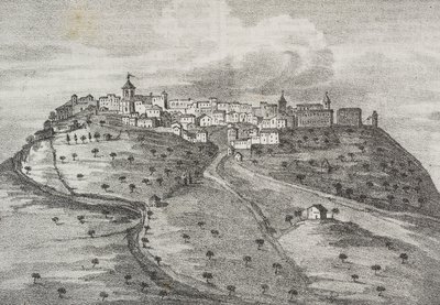 Udsigt over Montefuscolo, i dag Montefusco, Campania, Italien, litografi af Salvatore Puglia fra Poliorama Pittoresco, n 41, 20. maj af Salvatore Puglia