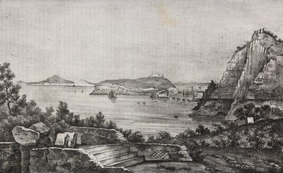 Udsigt over Posillipo fra monsignor Di Pietros terrasse, Campania, Italien, litografi af Salvatore Puglia fra Poliorama Pittoresco, n 32, 16. marts af Salvatore Puglia