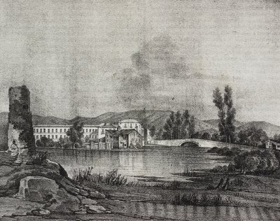 Udsigt over Santa Restituta fabrik og kirke på bredden af Fibreno-floden i Cornello, Lazio, Italien, litografi af Salvatore Puglia efter tegning af Raffaele Carelli, fra Poliorama Pittoresco, n 16, 26. november af Salvatore Puglia
