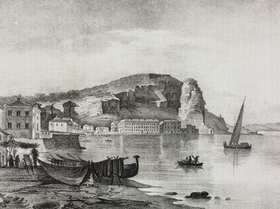 Udsigt over Terracina, Lazio, Italien, litografi af Salvatore Puglia fra Poliorama Pittoresco, n 22, 8. januar af Salvatore Puglia
