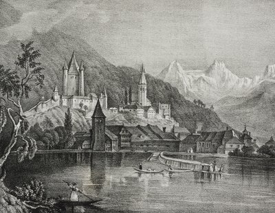 Udsigt over Thun, kanton Bern, Schweiz, litografi af Salvatore Puglia fra Poliorama Pittoresco, n 35, 9. april af Salvatore Puglia