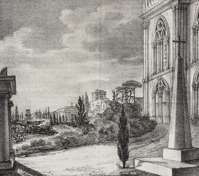 Udsigt over kirkegården fra gotisk kloster, Napoli, Campania, Italien, litografi af Salvatore Puglia fra Poliorama Pittoresco, n 34, 1. april af Salvatore Puglia