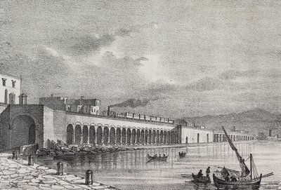 Udsigt over jernbanen ved Torre Annunziata, Campania, Italien, litografi af Gaetano Riccio fra Poliorama Pittoresco, n 21, 31. december af Salvatore Puglia