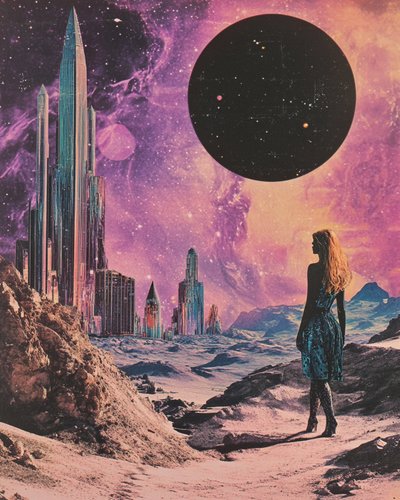 Kvindelig figur i et kosmisk bybillede af Samantha Hearn