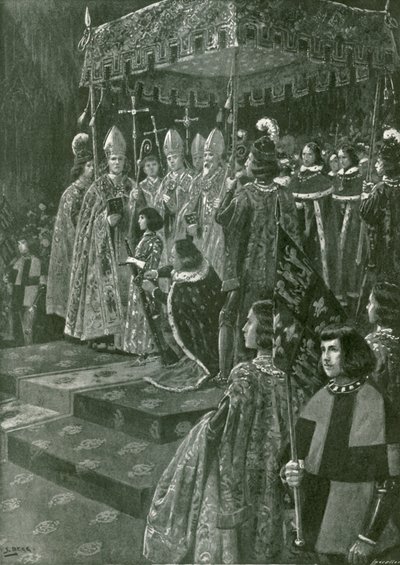 Overrækkelsen af sporer og sværd ved kroningen af Henrik VI (litografi) af Samuel (after) Begg