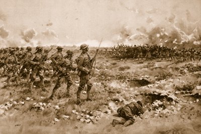 Deres sidste håb: Demoraliserede tyske soldater beder om nåde fra de fremrykkende britiske tropper (litho) af Samuel (after) Begg