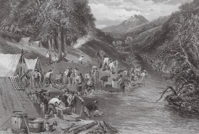 Australien: Alluvial guldvaskning (gravering) af Samuel (after) Prout