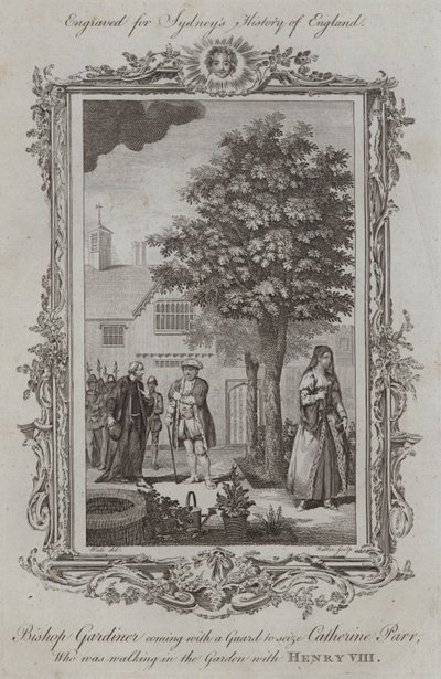 Biskop Gardiner kommer med en vagt for at gribe Catherine Parr, som gik i haven med Henrik VIII (gravering) af Samuel (after) Wale