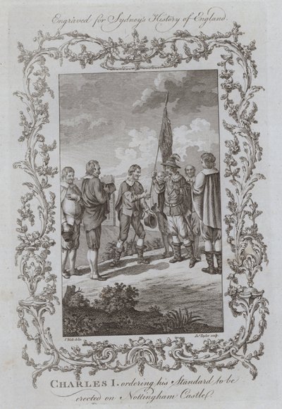 Charles I beordrede sin standard til at blive opført på Nottingham Castle (gravering) af Samuel (after) Wale