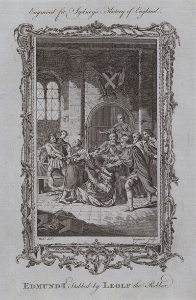 Edmund I stukket af Leolf røveren (gravering) af Samuel (after) Wale
