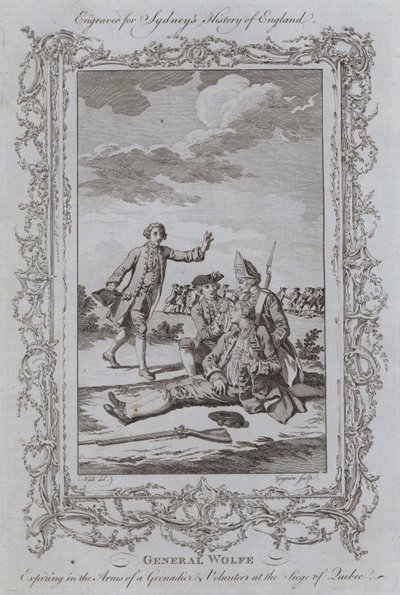 General Wolfe udløber i armene på en grenader og frivillig ved belejringen af Quebec (gravering) af Samuel (after) Wale
