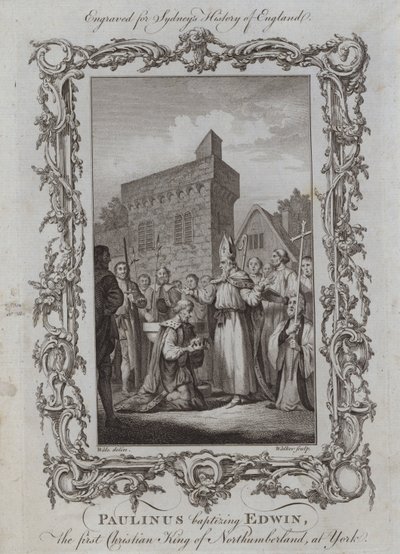 Paulinus døber Edwin, den første kristne konge af Northumberland, i York (gravering) af Samuel (after) Wale