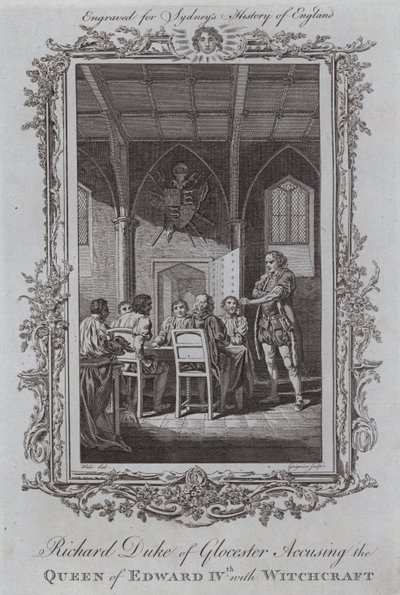 Richard Duke of Gloucester anklager dronningen af Edward IV med hekseri (gravering) af Samuel (after) Wale