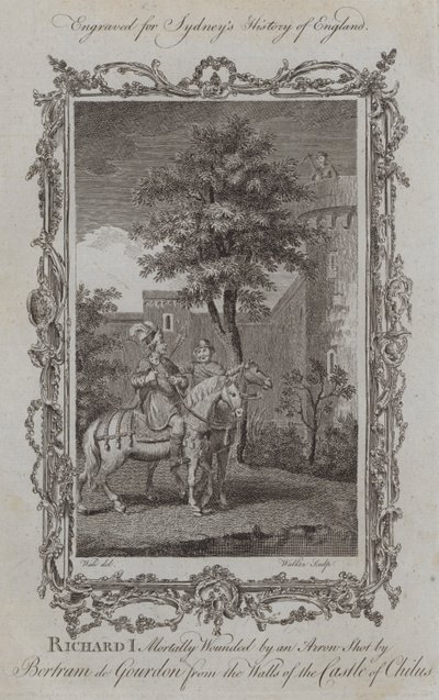 Richard I dødeligt såret af en pil, skudt af Bertram de Gourdon fra murene på slottet Chilus (gravering) af Samuel (after) Wale