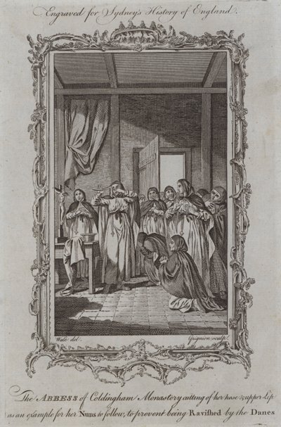 Abbedissen af Coldingham-klosteret skærer hendes næse og overlæbe som et eksempel, som hendes nonner kan følge, for at undgå at blive henrykt af danskerne (gravering) af Samuel (after) Wale