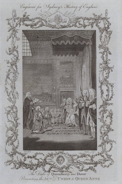 Hertugen af Queensberry og Dover præsenterer Unionsloven til dronning Anne (gravering) af Samuel (after) Wale