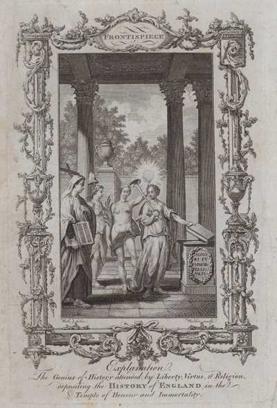 Historiens geni med deltagelse af Frihed, Dyd og Religion, deponering af Englands Historie i Temple of Honor and Immortality (gravering) af Samuel (after) Wale