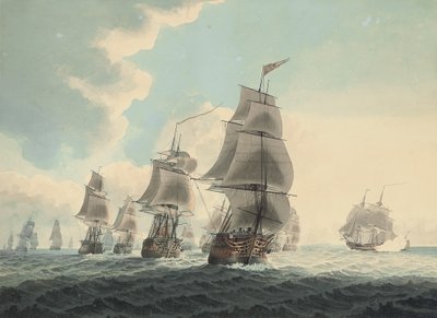 En eskadron fra Royal Navy løber ned ad kanalen (blyant, pen, sort blæk og akvarel på papir) af Samuel (attr. to) Atkins