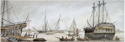 "Et indisk skib, der er sat til reparation på Themsen, med en beskrivelse af de almindelige aktiviteter på det kongelige skibsværft i Deptford. af Samuel Atkins