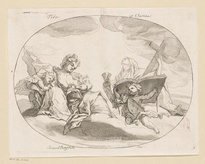 Fides (tro) og Charitas (kærlighed) Fides et Charitas (titel på objekt) Forskellige designs (serietitel) Opera Varia Historica, Poetica & Iconologica (serietitel) af Samuel Bottschild