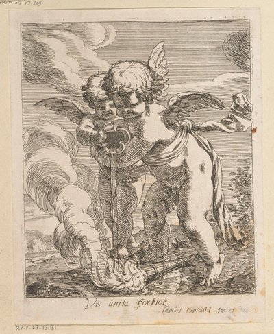 To putti slukningsbrændere Vis unita fortior (titel på objekt) Forskellige designs (serietitel) Opera Varia Historica, Poetica & Iconologica (serietitel) af Samuel Bottschild
