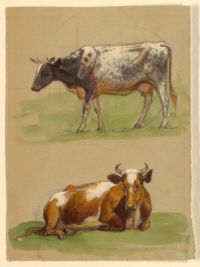 Tegning, Kvæg, en ko, der går, og en ko, der sidder på hug, 1875-80 af Samuel Colman