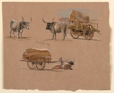 Tegning, Oksekærrer, Rom, Italien, januar 1873 af Samuel Colman
