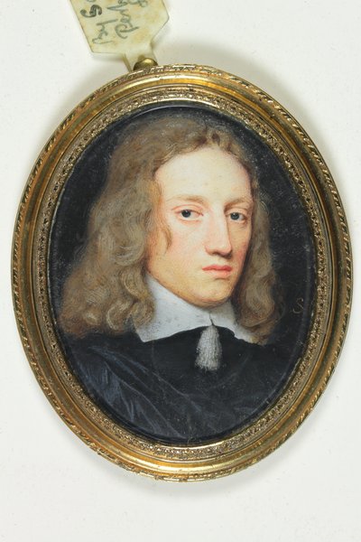 Herre i sort dublet (akvarel på vellum) af Samuel Cooper