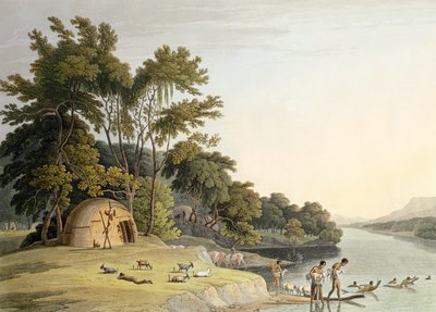 A Korah Hottentot Village on the Left Bank of the Orange River, plade 1 fra "African Scenery and Animals", graveret af kunstneren, 1804 (akvaratint) af Samuel Daniell