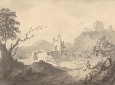 Flodscene og bro med kunstnerskitser i forgrunden af Samuel Davis