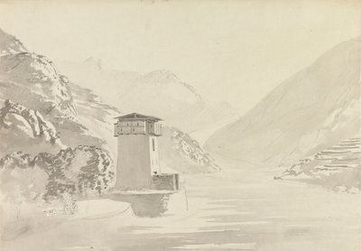 Udsigt fra broen ved Wandepore [Wangdu Phodrang] af Samuel Davis