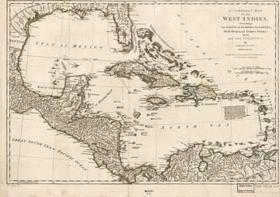 Et komplet kort over Vestindien med Floridas, Louisianas, Ny Spaniens og Terra Firmas kyster: Med alle øerne. af Samuel Dunn