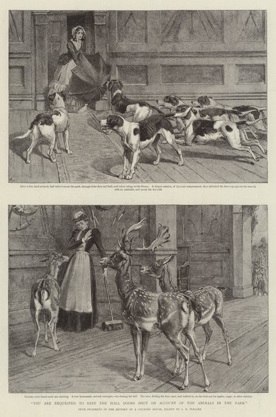 Du anmodes om at holde hallens døre lukkede på grund af dyrene i parken (litho) af Samuel Edmund (after) Waller
