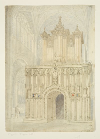 Orgel og orgelloft i St Mary Redcliffe Church, ca. 1840 (blyant og akvarel på papir) af Samuel Griffiths Tovey