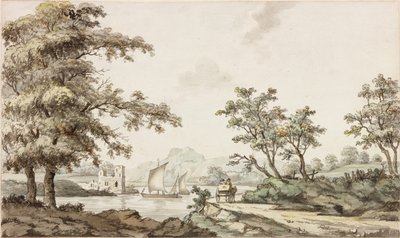 En flod med sejlbåde og en hest og vogn (blæk (sort) og akvarel på papir) af Samuel Henry Alken