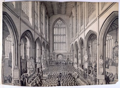 Udsigt fra den østlige ende af det indre af Bath Abbey med menighed af Samuel Hieronymous Grimm