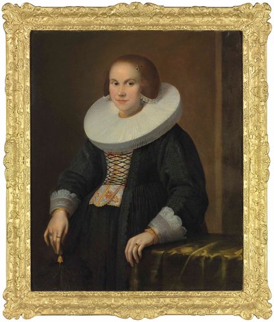 Portræt af en ung dame, halvlang, med en fjer, ca. 1636 (olie på lærred) af Samuel Hofmann