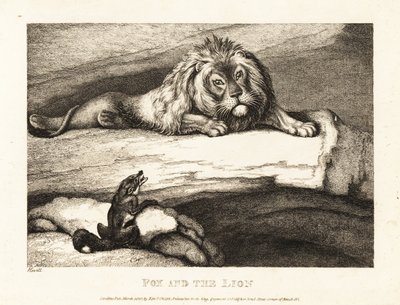 En ræv nærmer sig tåbeligt en hanløve i sin hule. 1811 (ætsning) af Samuel Howitt