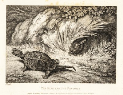 En skildpadde overhaler en sovende hare i et kapløb. 1811 (ætsning) af Samuel Howitt