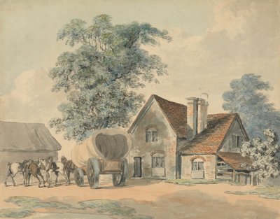 Heste og vogn uden for et sommerhus af Samuel Howitt