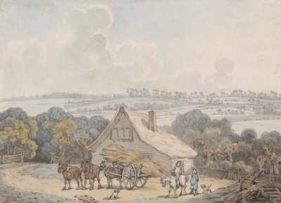 Landskab med høvogn før et sommerhus af Samuel Howitt