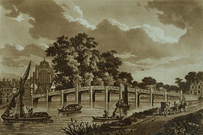 Hampton Court Bridge, illustration fra "Picturesque Views of the River Thames", pub. 1799 (ætsning, akvatint) af Samuel Ireland