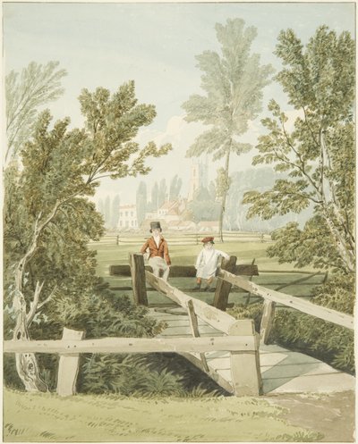 Two Boys on a Stole at Brislington Brook, ca. 1824 (blyant og akvarel på papir) af Samuel Jackson