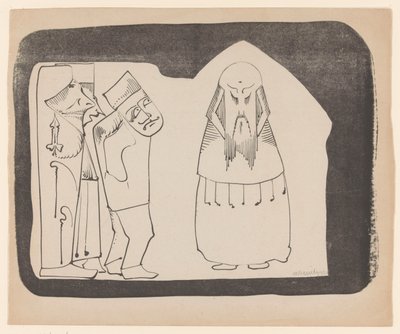 Fantasy: venstre tre figurer til højre, højre en frontal kinesisk-lignende figur af Samuel Jessurun de Mesquita (signed by artist)