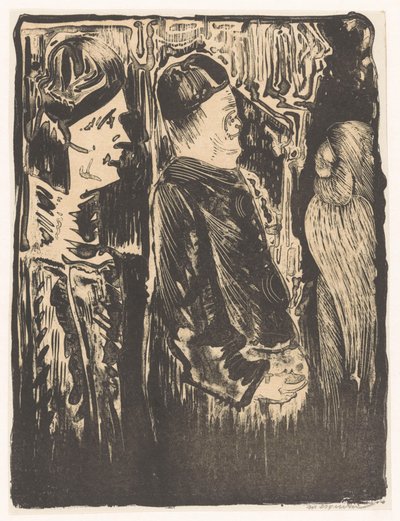 Fantasy: til venstre to figurer med hatte til højre, til højre et ridset udseende med fjerdragt af Samuel Jessurun de Mesquita (signed by artist)